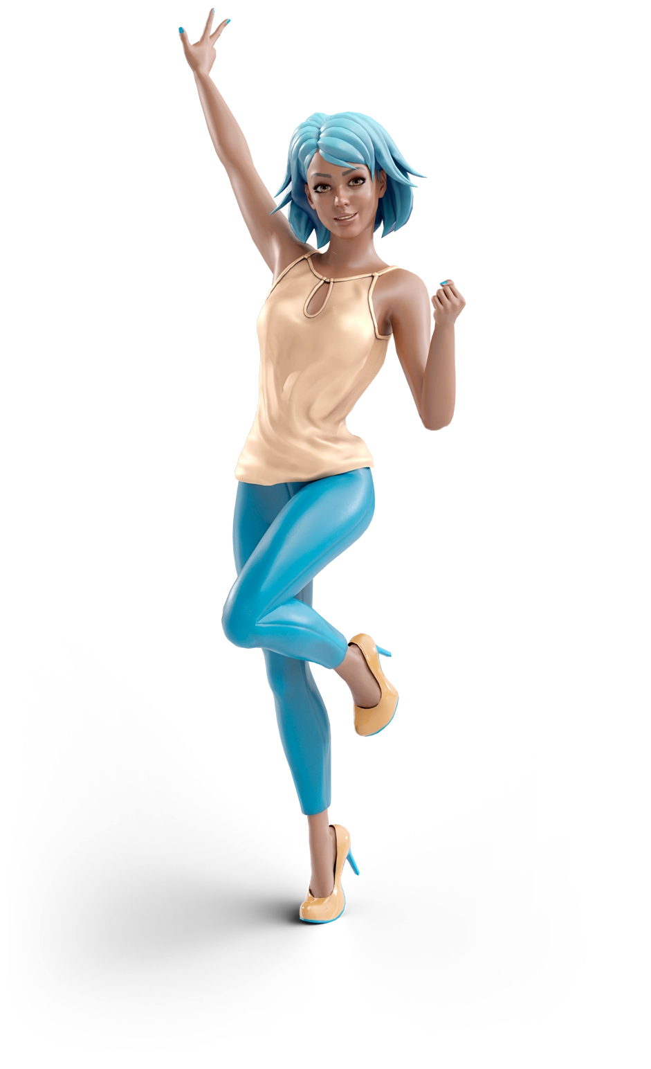 Female avatar with blue hair wearing blue latex pants and shoes with a gold satin top.